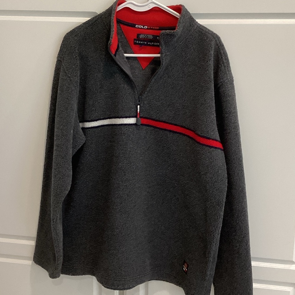 Tommy Hilfiger Men's Gray Zip-Up Sweater with Red and White Accents